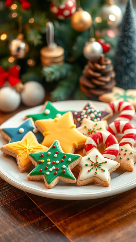 A plate of decorated Christmas cookies in festive shapes like stars and trees, surrounded by holiday decorations.